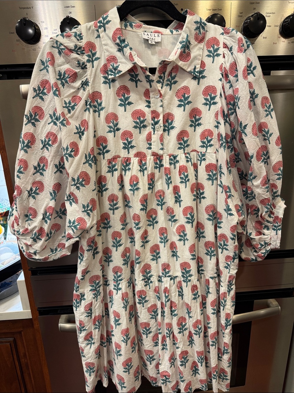 SAULE Parc White Floral Tiered Cotton Dress with Pink & Green Block Print